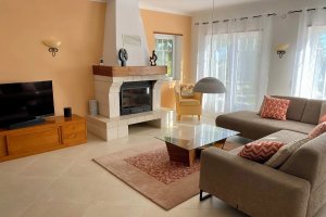 Villa Danina helles Wohnzimmer mit Kamin und Smart TV